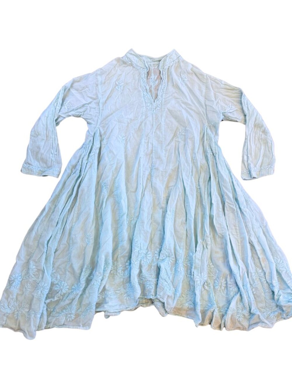 Women’s Light Blue Cotton Embroidered 3/4 Sleeve Kurta Mini Dress Size S/M